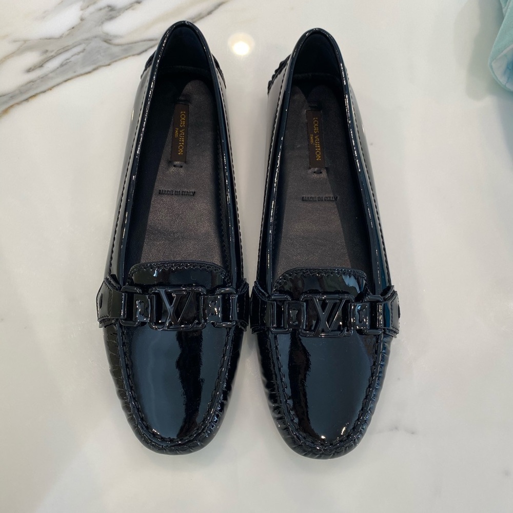 LV all black shiny leather flats